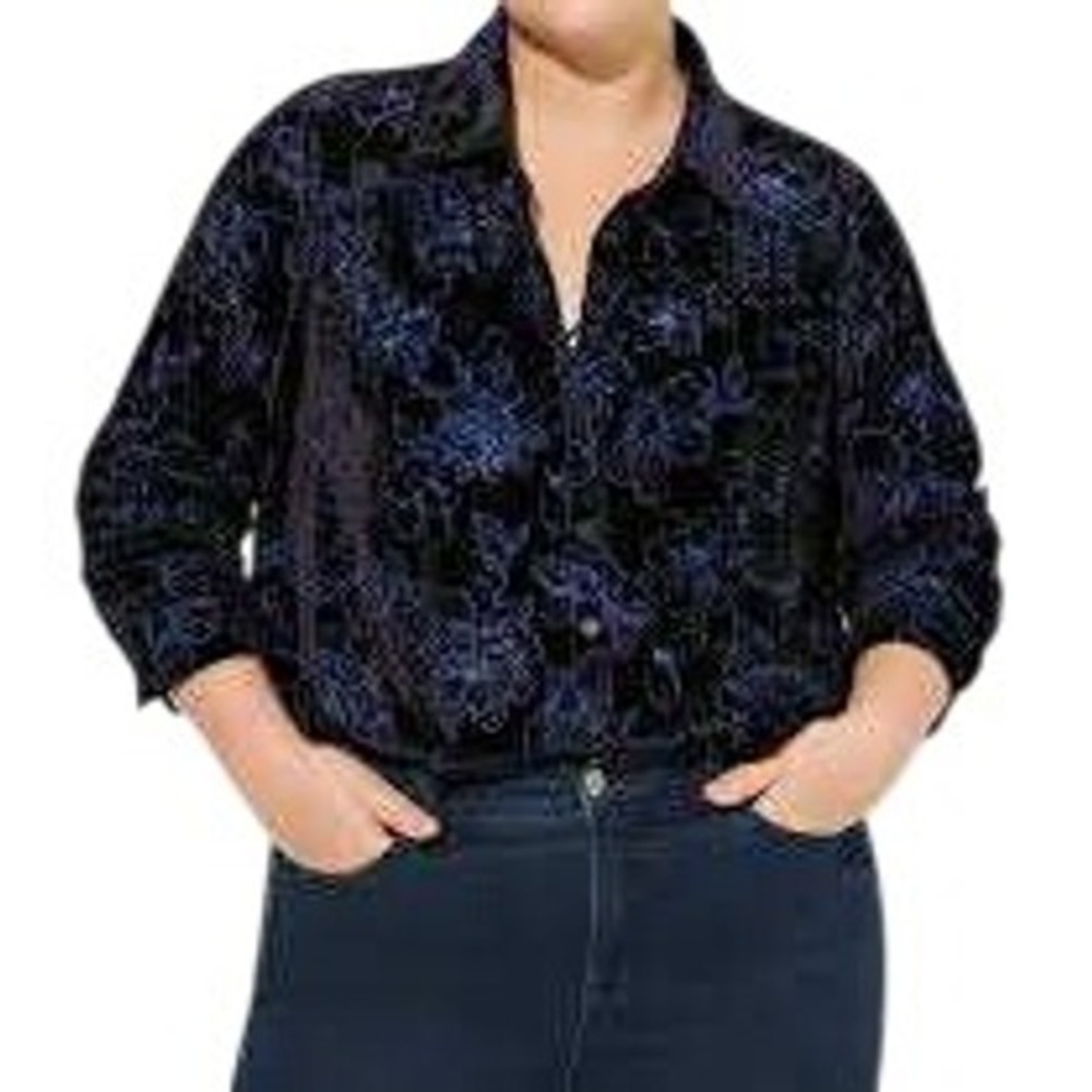 Torrid Madison Velvet Burnout Floral Button-Up Navy Blue‎ Shirt Size 3X